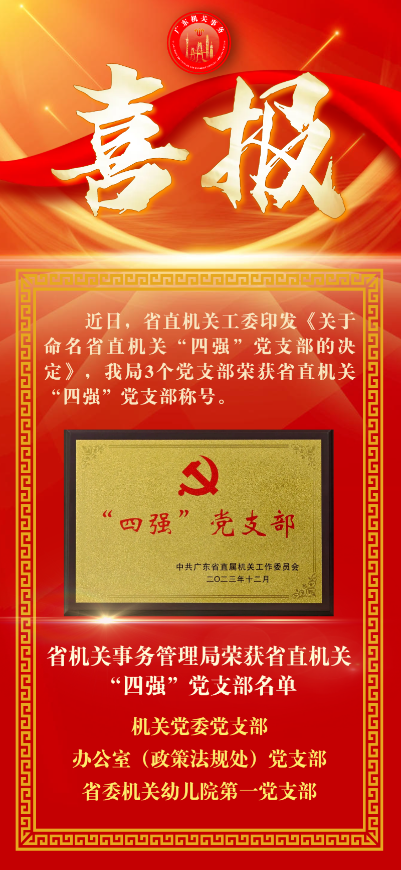 祝贺 | 厕所偷拍
3个党支部荣获省直机关“四强”党支部称号